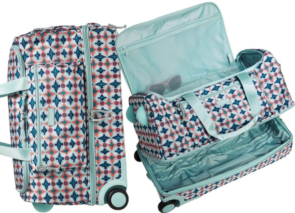 blue patterned rolling duffel bag